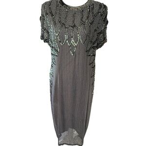 Vintage Oleg Cassini Gray Sequin Midi Dress‎ with Dolman Sleeves Size 12 1980s